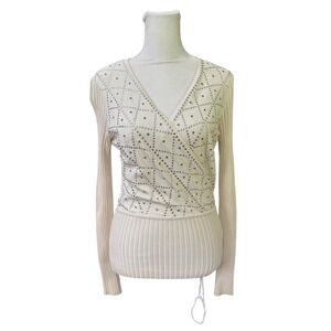 WR 9000 Womens Cream Silk Blend Ribbed Rhinestone Wrap V-Neck Sweater Medium